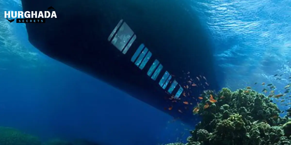 An underwater view of the Royal Sea Scope submarine gliding through the sea
