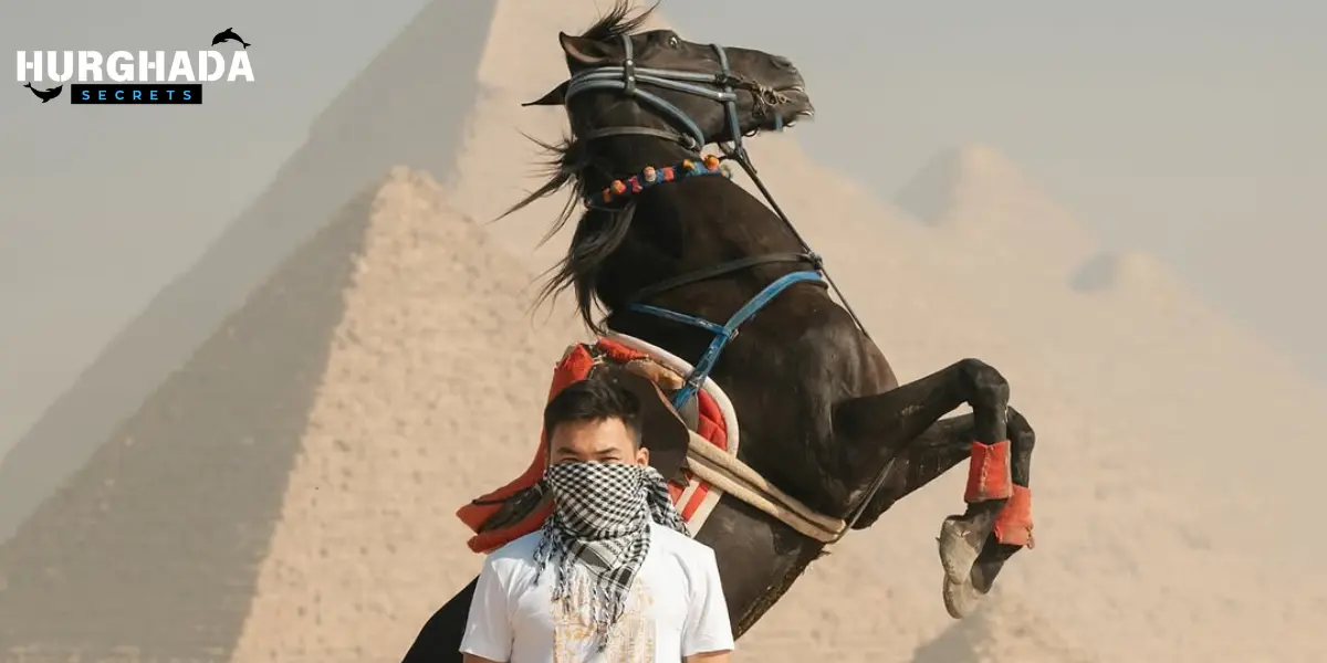 man with a black horse behind him