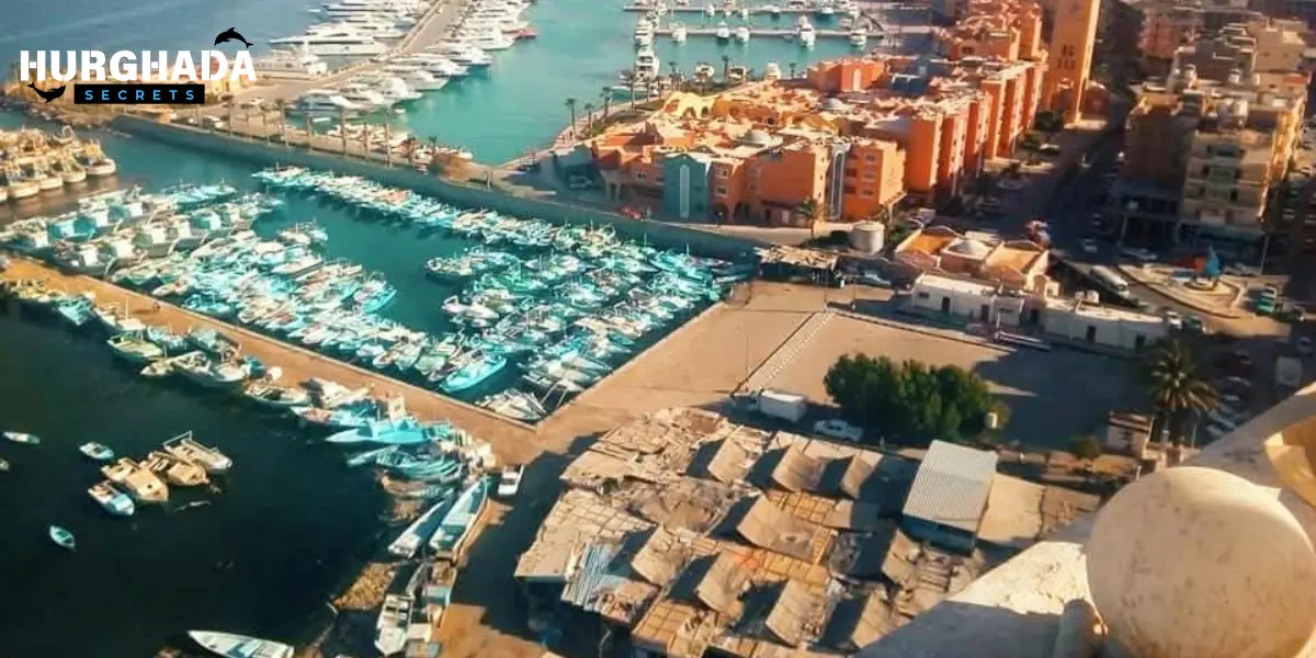 Aerial shot of Hurghada Marina and coastal resort buildings
