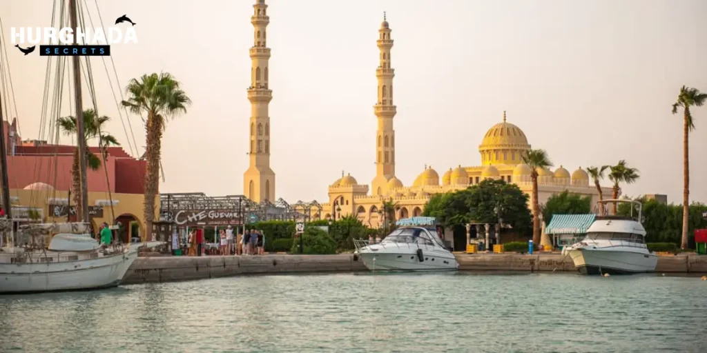 Scenic view of a mosque with two minarets during sunset in Hurghada