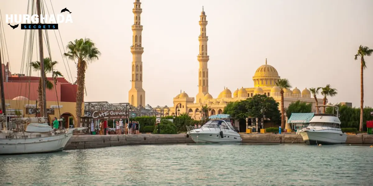 Scenic view of a mosque with two minarets during sunset in Hurghada