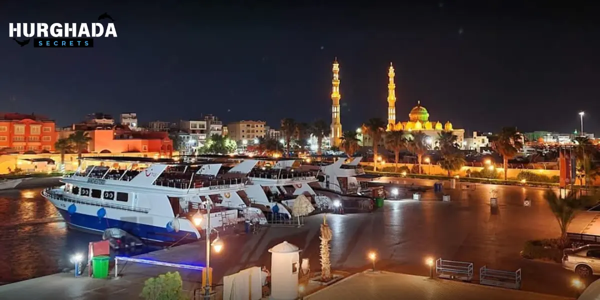 Beautifully lit mosque at night in Hurghada city center
