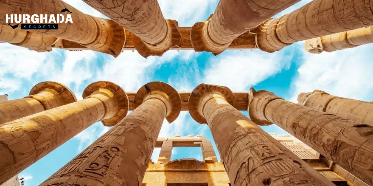 View of Karnak Temple columns looking up at the sky
