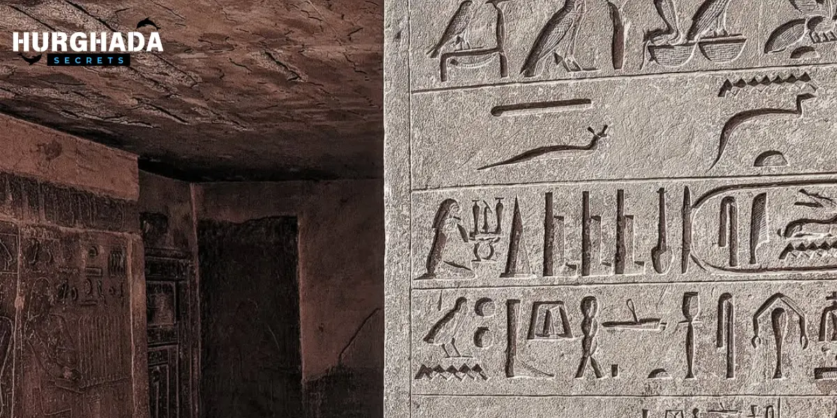 Close-up of ancient Egyptian hieroglyphs carved in stone