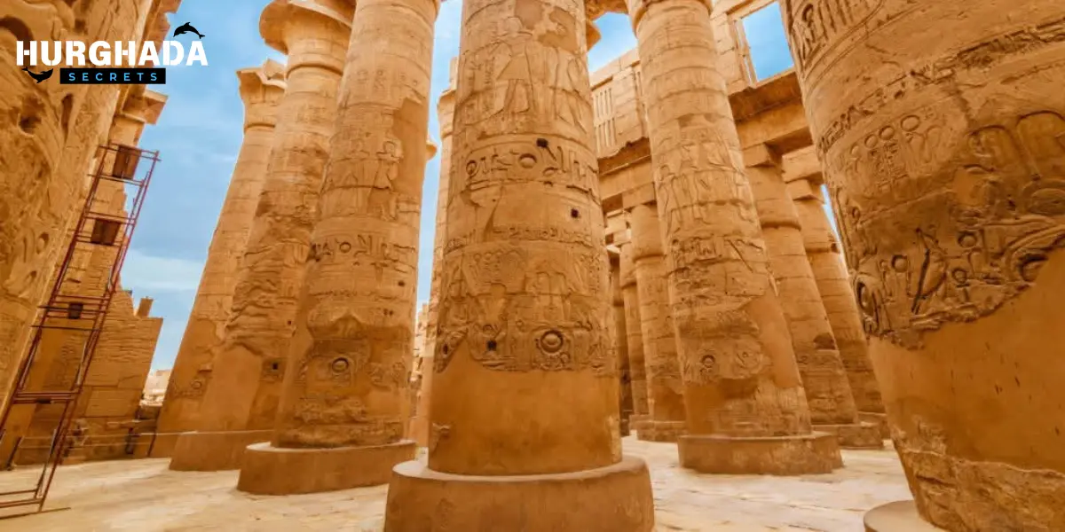 Hieroglyph-covered columns at Karnak Temple