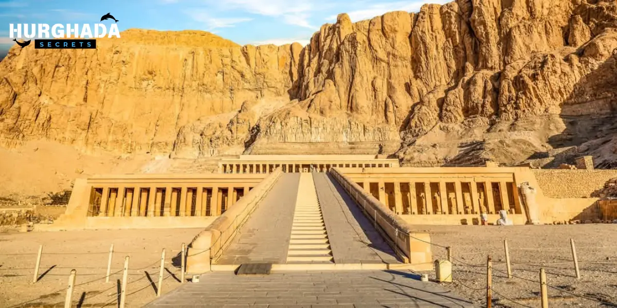 Front view of Hatshepsut Temple with stone stairs and columns
