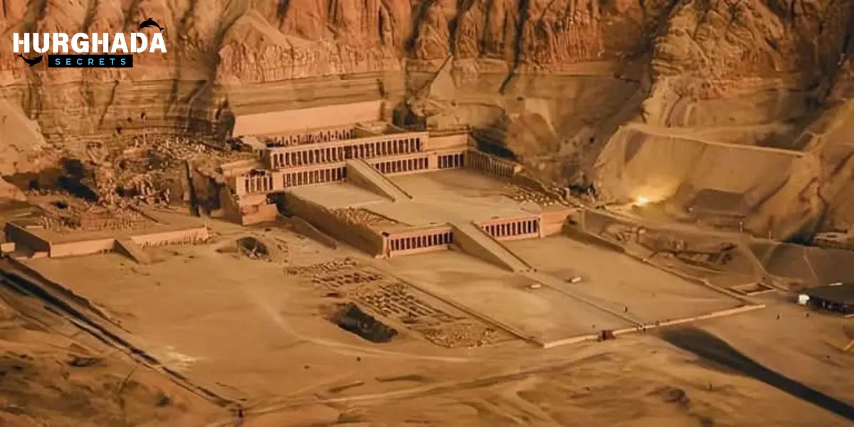 Aerial view of Hatshepsut Temple built into the cliff at Deir el-Bahari