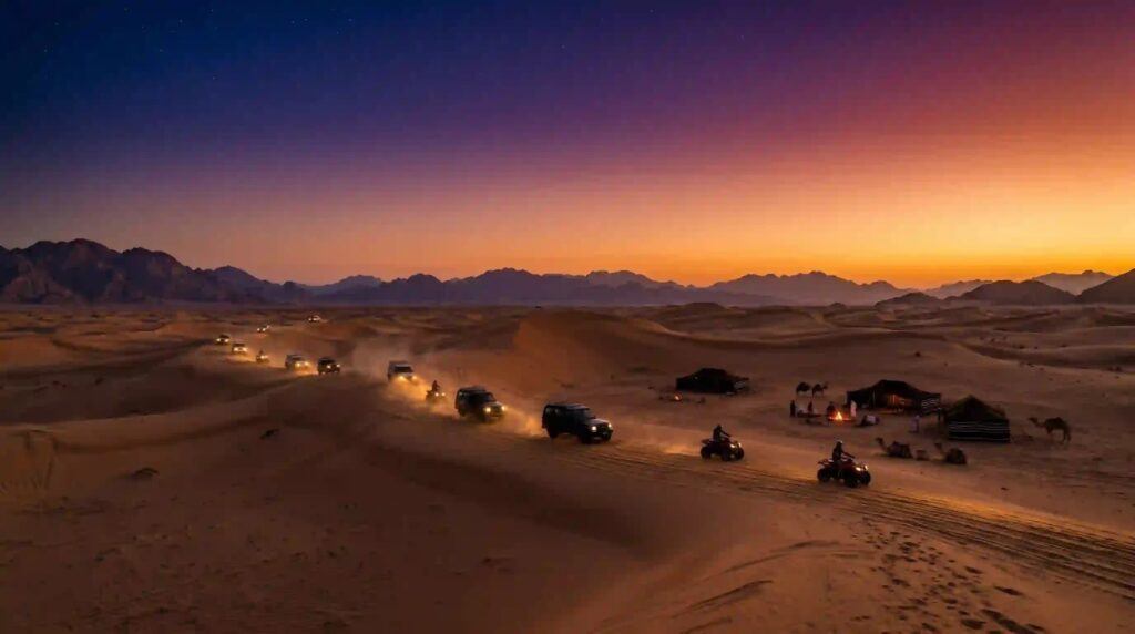 best-hurghada-safaris Thrilling evening desert safari tour in Hurghada featuring quad bikes and 4x4 off-road vehicles traversing golden sand dunes under a dramatic twilight sunset.