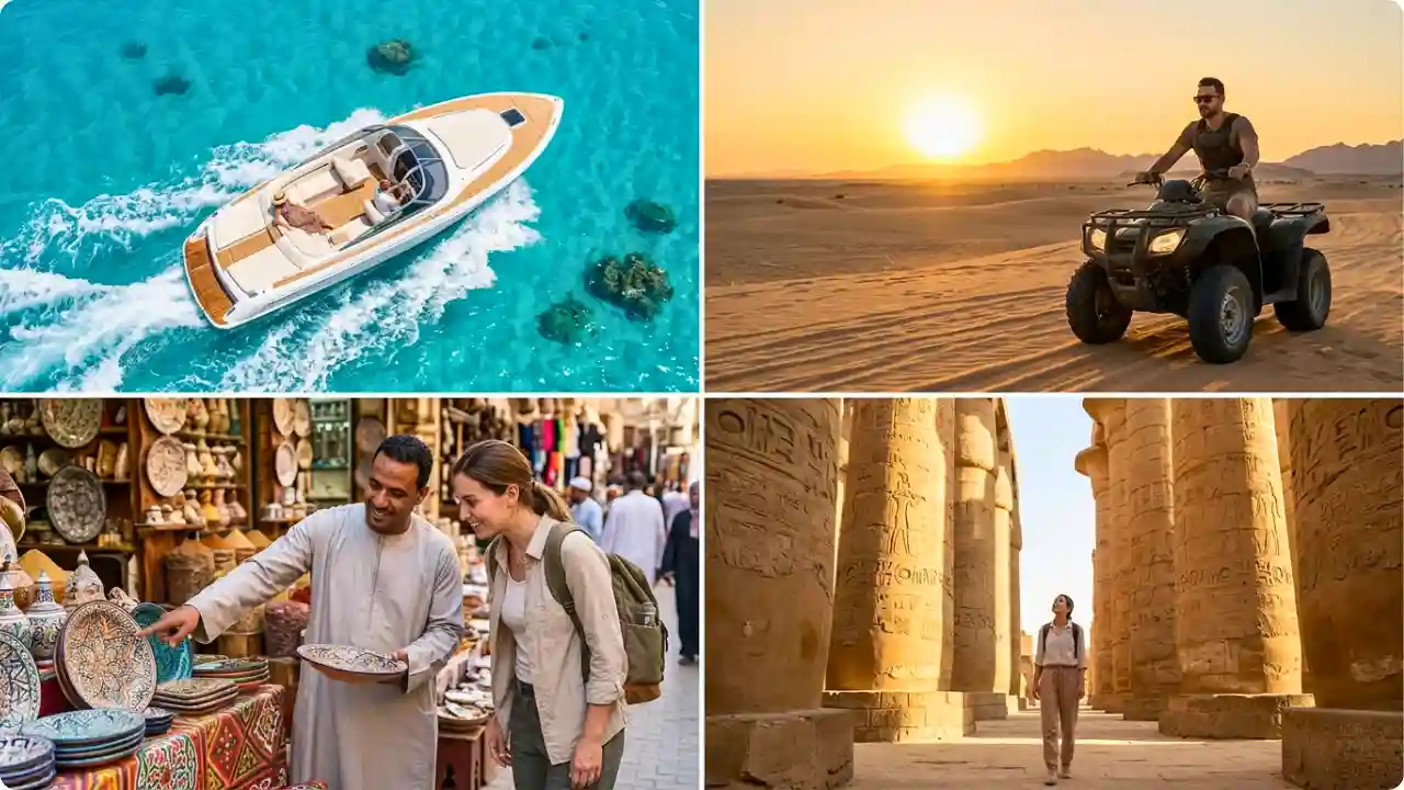 A four-panel grid showcasing the best solo travel tours in Hurghada: a private speedboat ride in the Red Sea, a safe guided city tour, a sunset quad biking desert safari, and a historical visit to Karnak Temple in Luxor.
