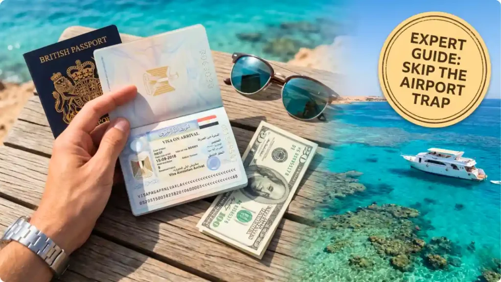 "صورة احترافية تجمع بين مستندات السفر وشواطئ الغردقة، تظهر يداً تحمل جواز سفر مفتوحاً على ملصق تأشيرة مصر عند الوصول، بجانبه ورقة فئة 25 دولاراً نقداً ونظارة شمسية، وفي الخلفية بانوراما لشواطئ فيروزية ويخت سياحي مع شارة دائرية صفراء للتحذير من فخاخ المطار."