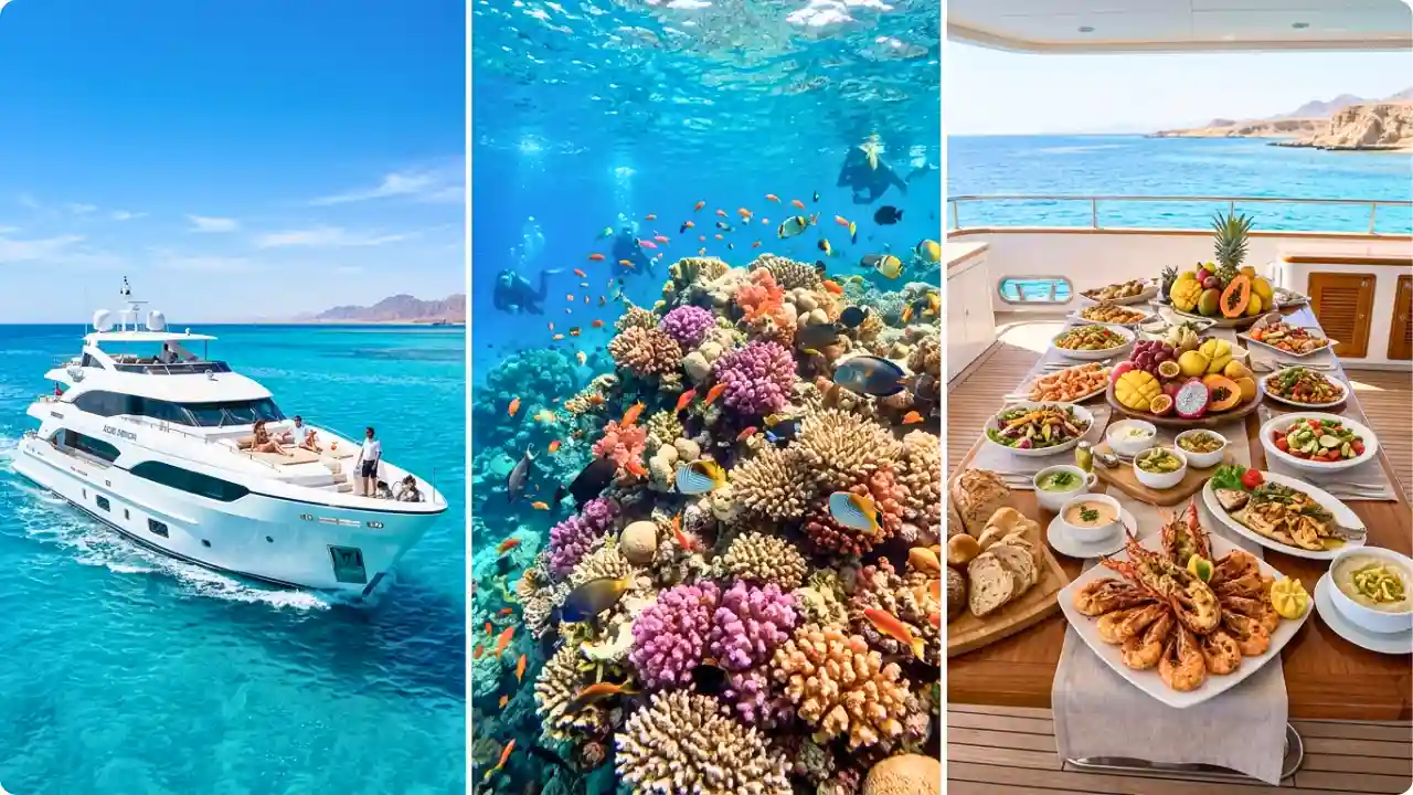 A three-panel horizontal layout showcasing the shared premium inclusions for Hurghada boat trips: a luxury white yacht sailing the Red Sea, vibrant underwater snorkeling with coral reefs, and a fresh, elegantly presented onboard lunch buffet.