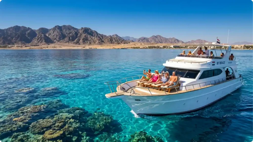 A scenic view of a luxury boat on the turquoise Red Sea in Hurghada, Egypt, with arid mountains and desert coastline under a clear sunny sky. Ideal weather conditions for a vacation.