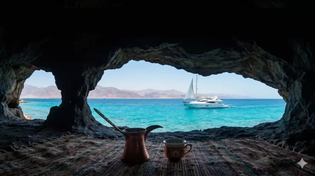 hurghada-luxury-yacht-tour-scenic-view-desktop Scenic perspective framed by a natural dark rock cave archway, looking out onto a premium luxury yacht cruising the sunny turquoise waters of the Red Sea in Hurghada.