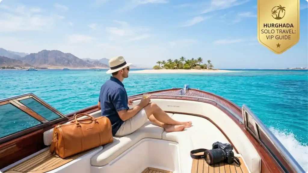 A premium solo travel guide to Hurghada, featuring a confident traveler relaxing on a private speedboat in the turquoise Red Sea, with a leather travel bag, a professional camera, and a gold VIP solo travel badge.