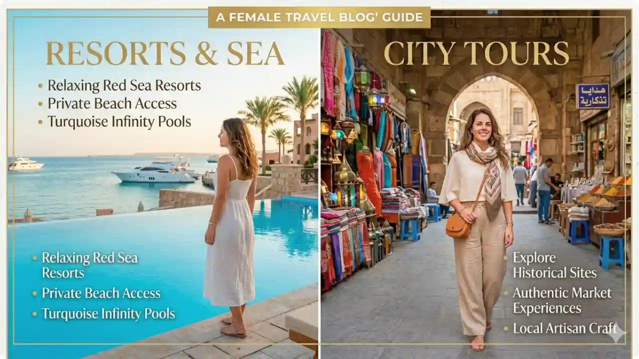 A side-by-side visual dress code guide for solo female travelers in Hurghada. The left side shows appropriate summer resort wear by a pool, and the right side shows elegant, modest clothing like linen trousers for city and market tours.