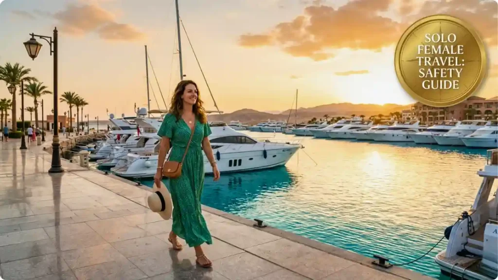 A confident solo female traveler walking comfortably along the upscale Hurghada Marina at golden hour, wearing an elegant maxi dress, with luxury yachts and the Red Sea in the background, featuring a gold safety guide badge.
