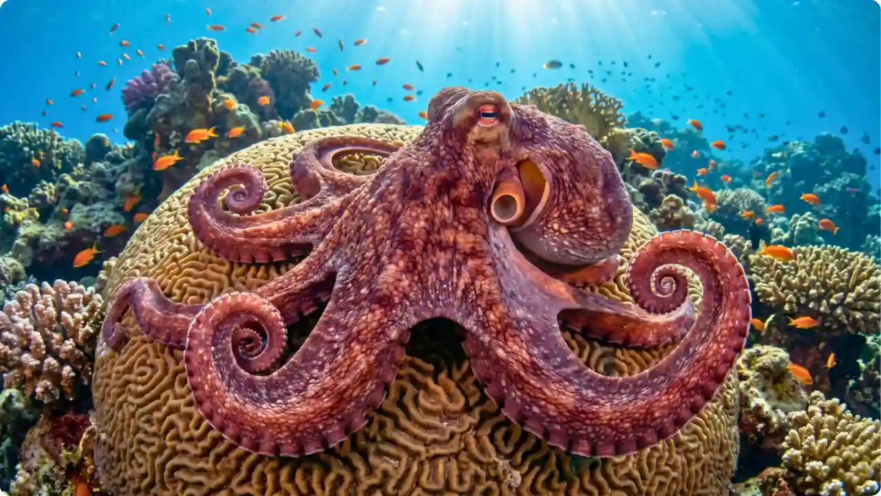 A highly detailed close-up of an intelligent octopus resting on top of a large brain coral, displaying its intricate skin patterns and texture.