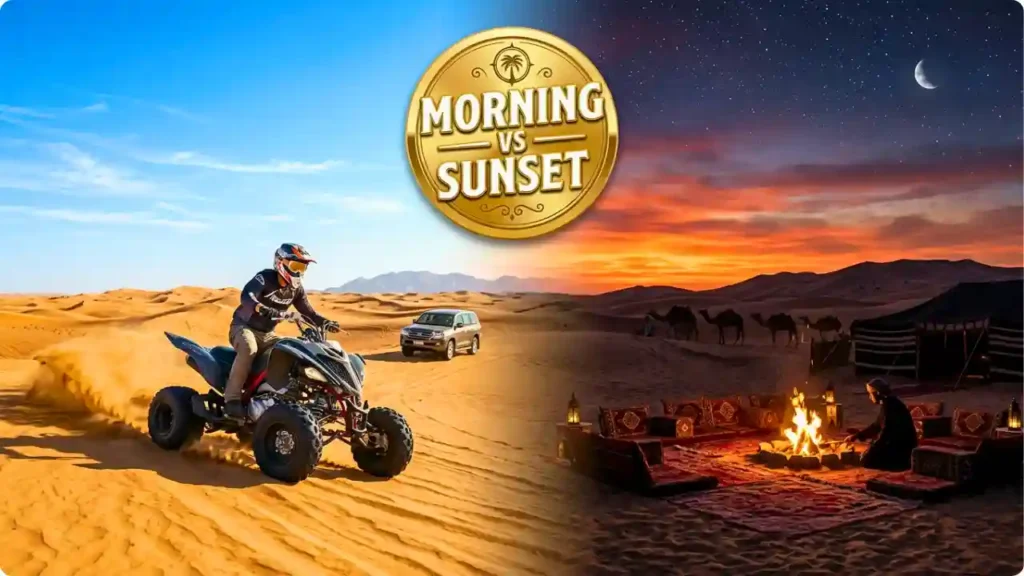 "A cinematic split landscape comparing Hurghada desert safaris, showing a bright, high-energy morning quad bike adventure on the left seamlessly blending into a romantic golden hour Bedouin camp under a starlit sky on the right."