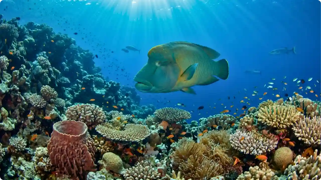 A natural-sized Napoleon Wrasse swimming calmly alongside a steep coral reef wall in the clear blue waters of Hurghada.