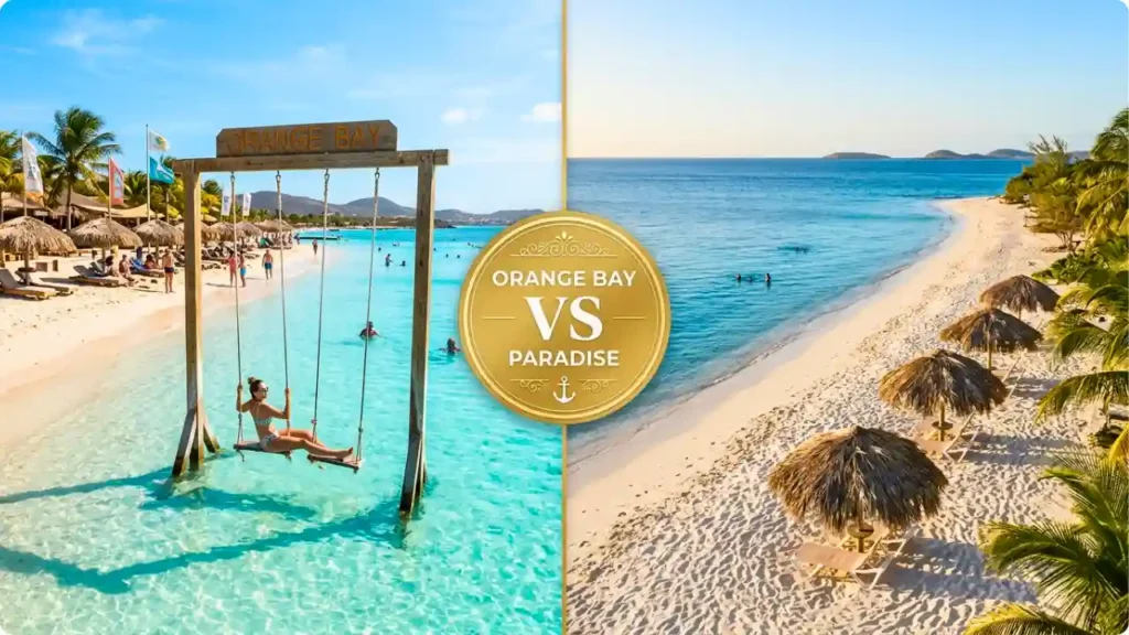A cinematic split-screen comparison of Giftun Island beaches. The left side shows the vibrant Orange Bay with extremely shallow turquoise water and a famous wooden water swing. The right side shows the serene Paradise Island with calm, deeper blue water for swimming and natural palm frond umbrellas.