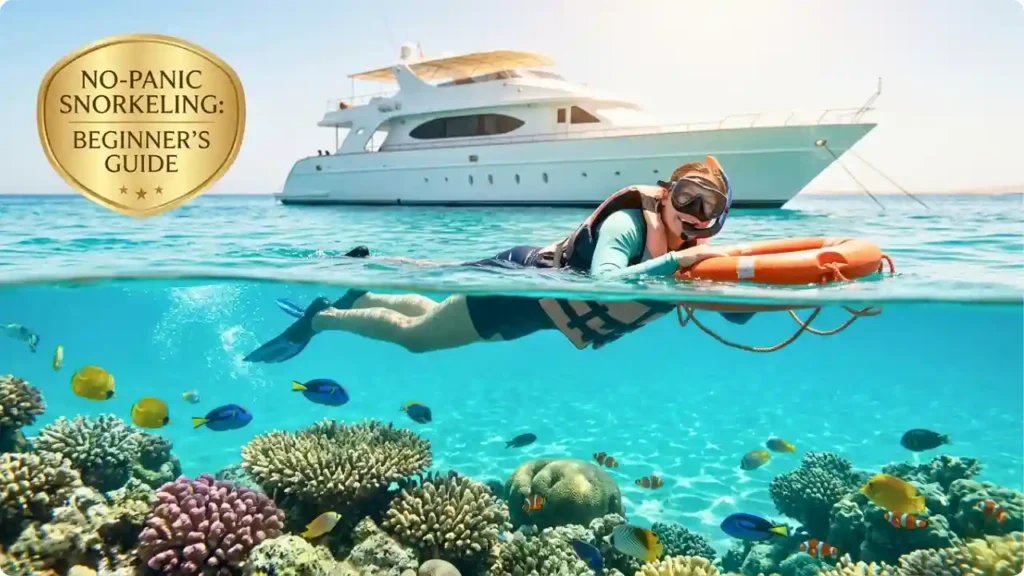 An over-under split photography shot of a beginner snorkeler floating effortlessly in the Red Sea. Above the water shows a safe tourist in a life jacket near a luxury yacht, while below the water reveals vibrant coral reefs and crystal-clear turquoise water.