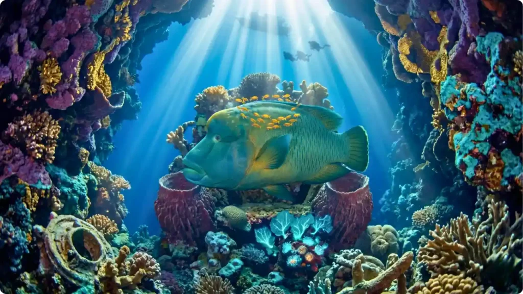A majestic underwater scene in the Red Sea featuring a Napoleon Wrasse swimming near a vibrant coral reef structure, with sunbeams piercing through the crystal-clear blue water.